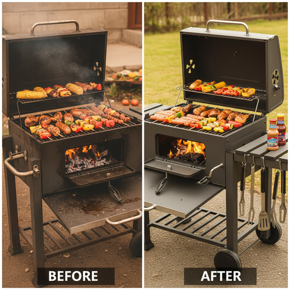 Charcoal Barbecue, Grill Cart, Includes 2 Grills, Shelves with Hooks, Adjustable Charcoal Tray, Barbecue Cart | Charcoal Grill